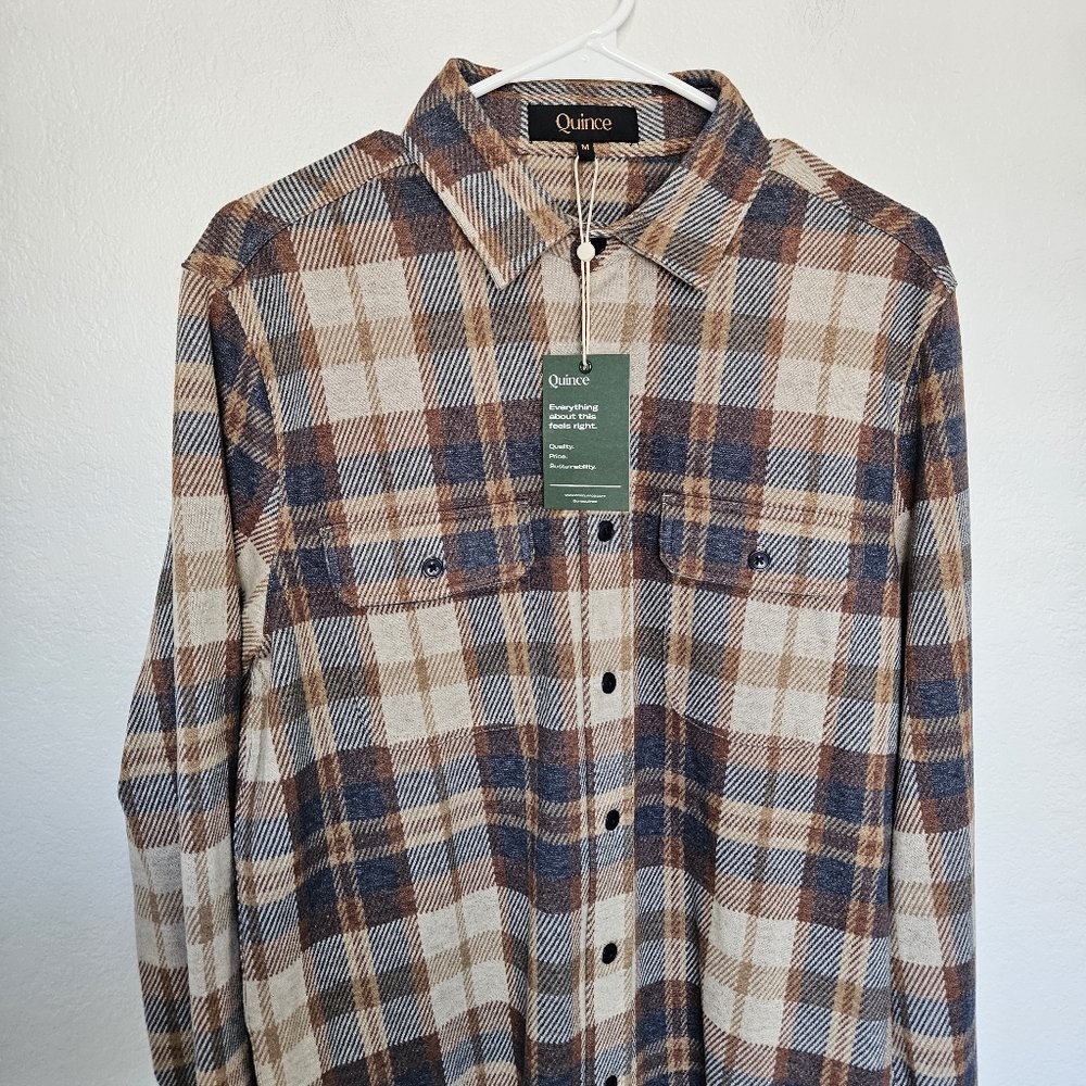 NWT Quince | Plaid Stretch Soft Fleece Button Up Shirt Brown, Mens Medium - Picture 3 of 6